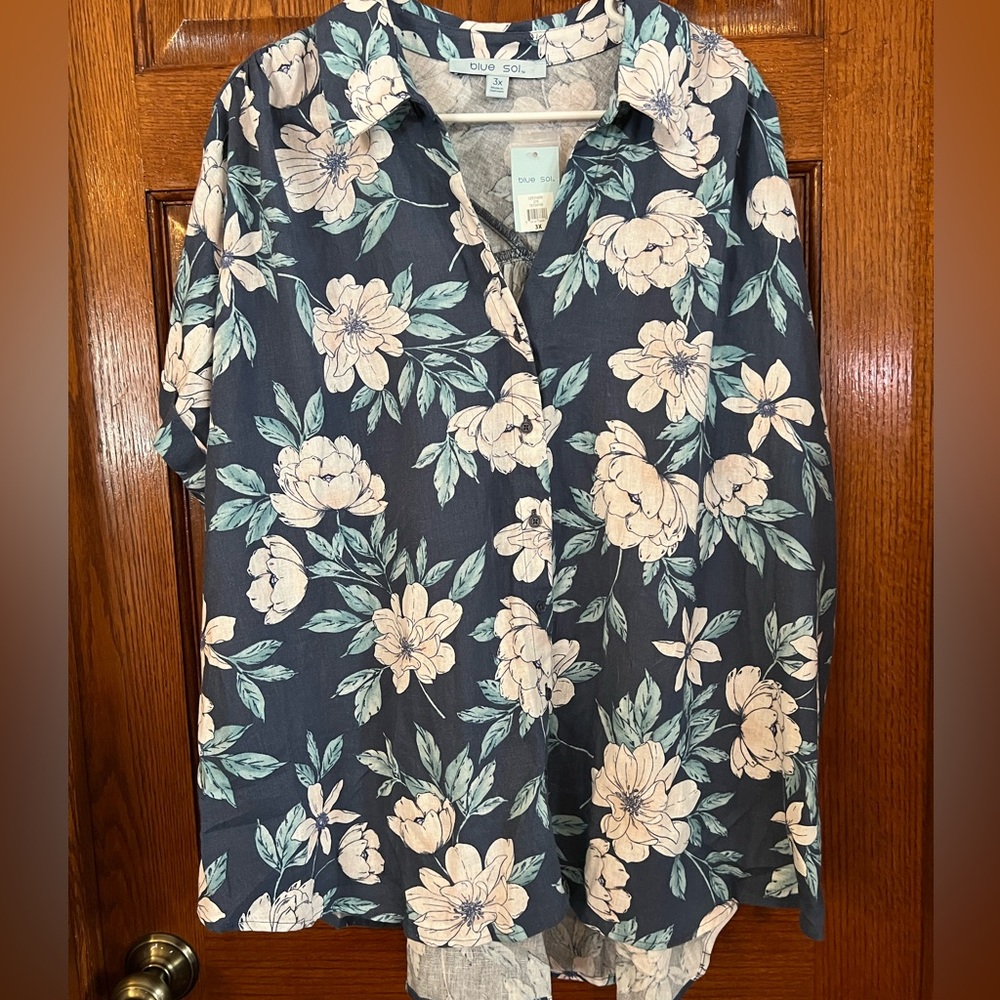 Blue Sol 3X Linen Blend Floral Button Down Blouse Short Sleeves